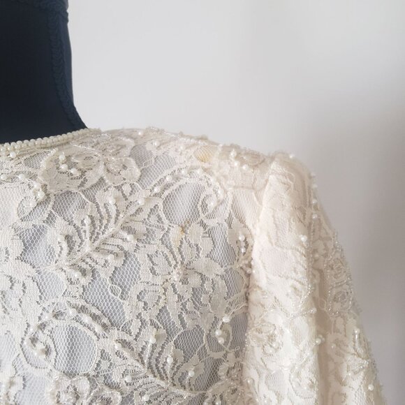 Vintage 80s Beaded Tiered White Cream Shift Dress Size M Wedding Elegant - Picture 5 of 13